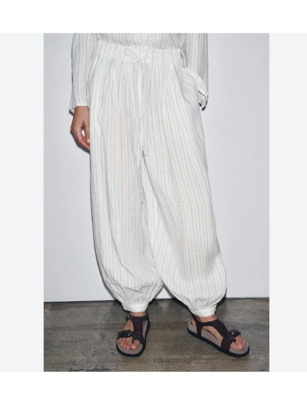 Zara ZW Womens Balloon Pants Trousers XS S White blue striped Linen 3736/249 NWT